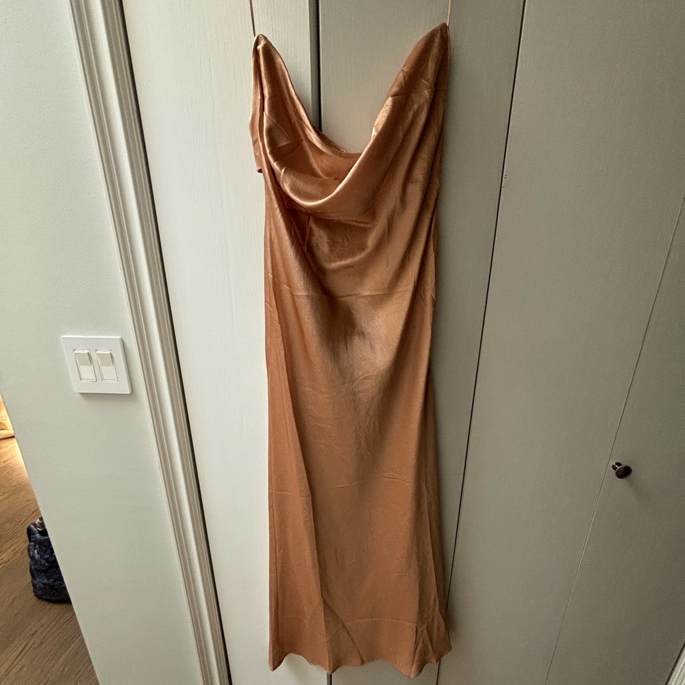 Golden satin strapless dress brand new never worn size large